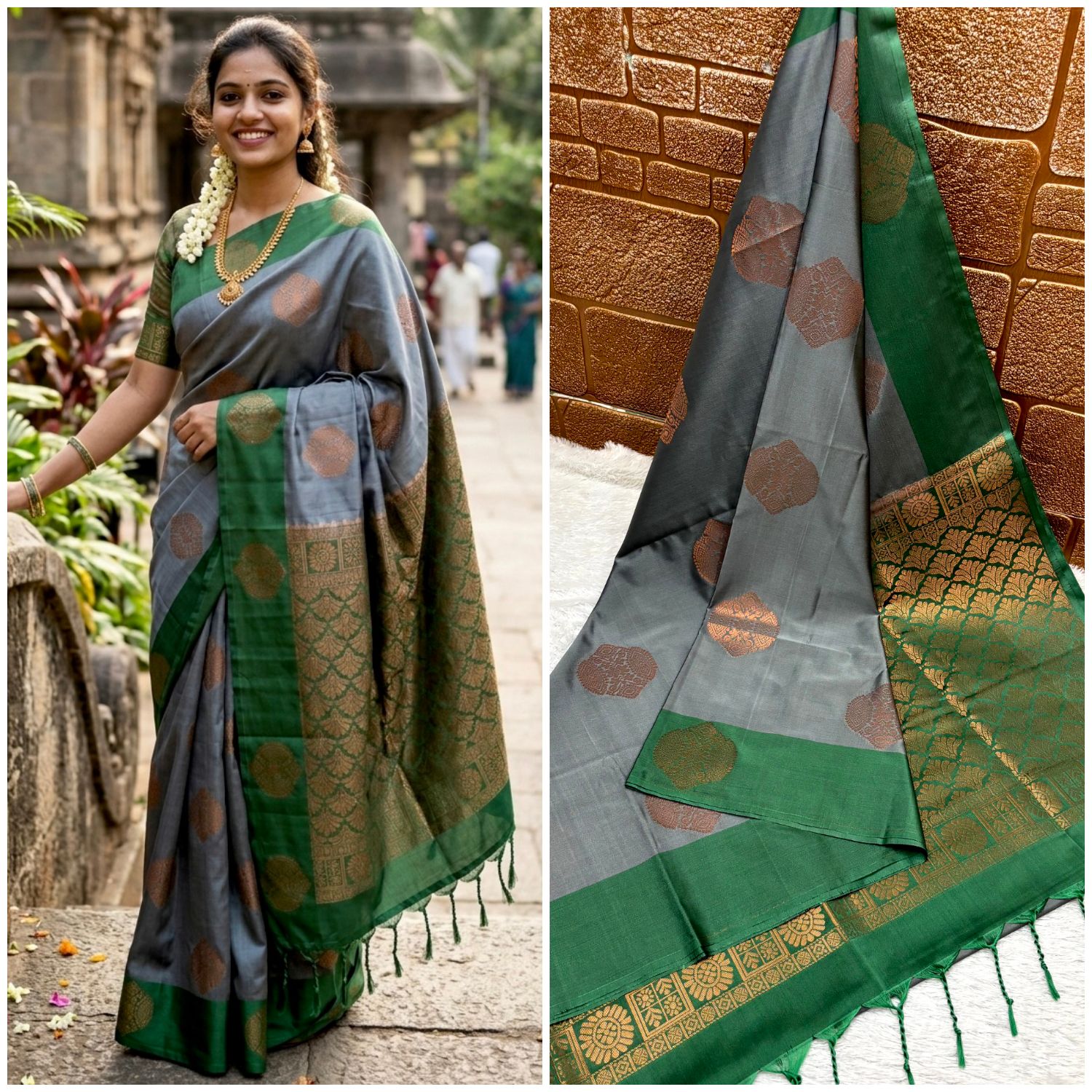 Grey and Bottle Green Banarasi Soft Silk Cotton Saree